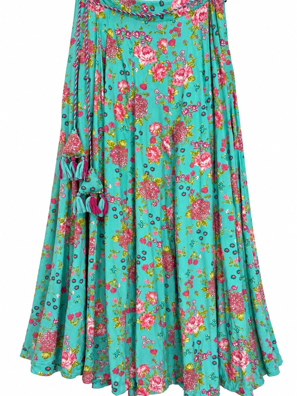 Boho Aqua Floral Maxi Skirt Tassel Tie Belt Size L Cottagecore